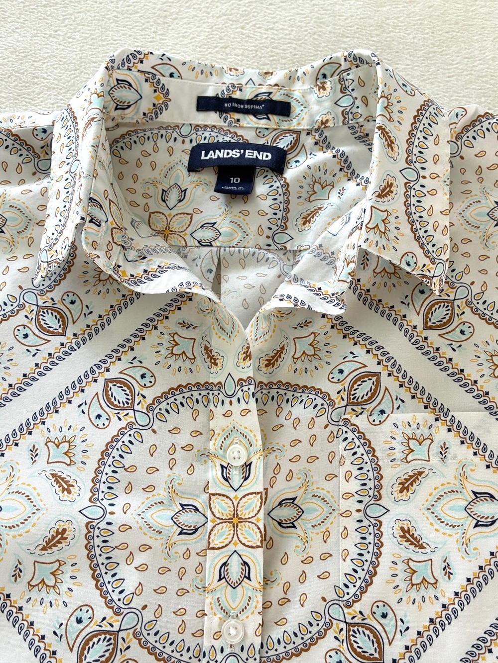 Lands’ End No Iron Button Down Shirt 10 Medallion Print Business Casual Office - Picture 3 of 11